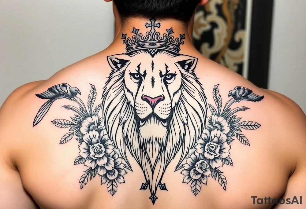 powerful majestic lion with a crown, surrounded by floral ornaments and birds tattoo idea