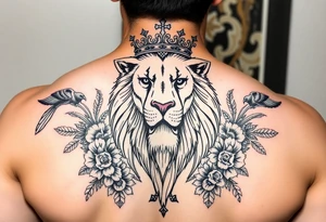 powerful majestic lion with a crown, surrounded by floral ornaments and birds tattoo idea