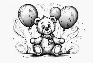 Scruffy teddy bear holding on to balloons and wearing a T-shirt going up to the sky tattoo idea