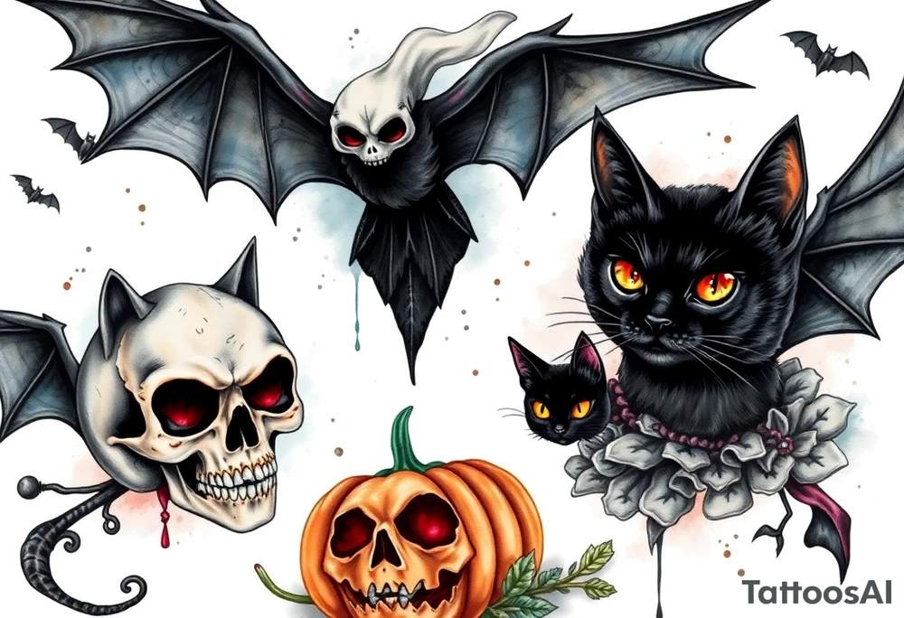 Unique bats, ghost, skulls, black cats, witches, pumpkins, jack o laterna tattoo idea