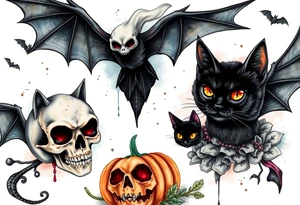 Unique bats, ghost, skulls, black cats, witches, pumpkins, jack o laterna tattoo idea