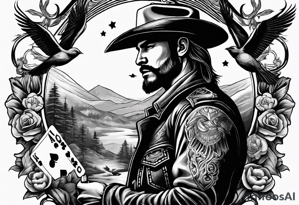 southern sleeve vibe with elements of a cowboy, playing cards, and birds tattoo idea