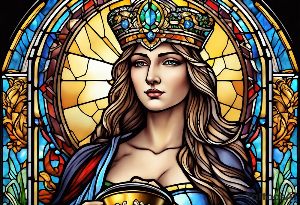 holy saint woman with halo stained glass holding a chalice with artillery tattoo idea