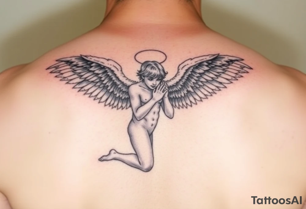 Fallen angel on his knees with wings pointed forward tattoo idea