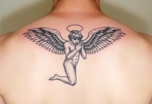 Fallen angel on his knees with wings pointed forward tattoo idea