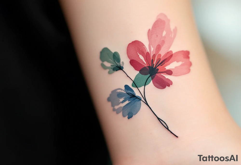 Clean black line text with abstract watercolor bursts in wine red, indigo, and moss green. tattoo idea