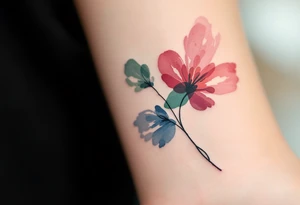 Clean black line text with abstract watercolor bursts in wine red, indigo, and moss green. tattoo idea