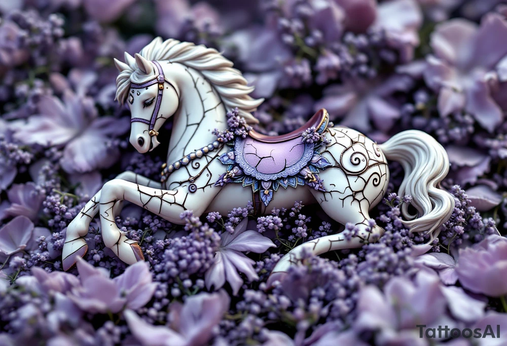 Tim Burton’s broken carousel horse rests in a bed of wilted lavender and cracked bone-white porcelain. tattoo idea