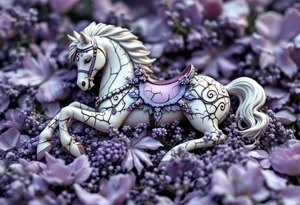 Tim Burton’s broken carousel horse rests in a bed of wilted lavender and cracked bone-white porcelain. tattoo idea