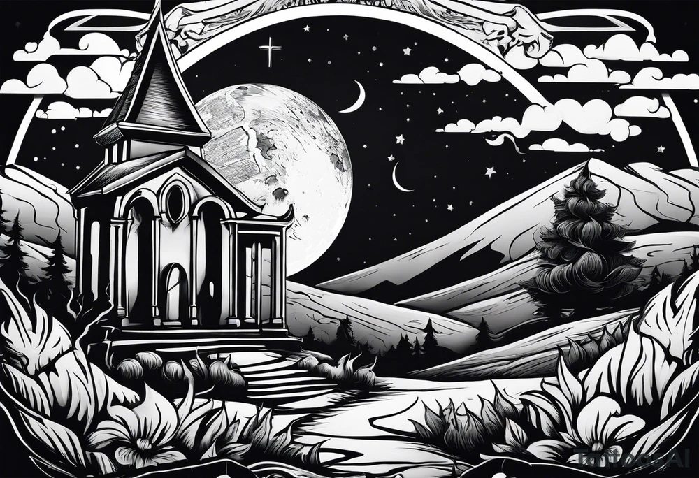 Graveyard with moon and smoke  on hills tattoo idea