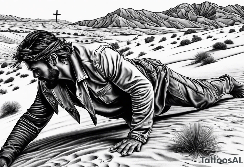 man crawling in a desert toward the cross of Christ tattoo idea