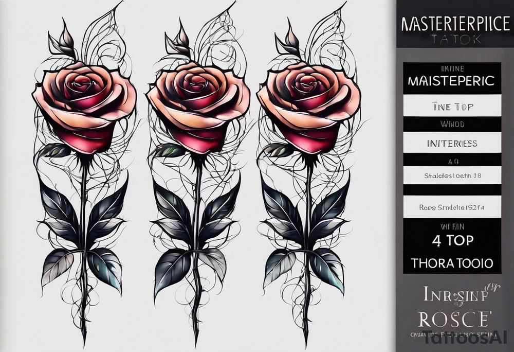 long vertical tattoo to cover my whole shin showing two separate rose stems wrapped around each other, one stem should have thorns and one should be thornless I want a long stem to shower them intertwined tattoo idea