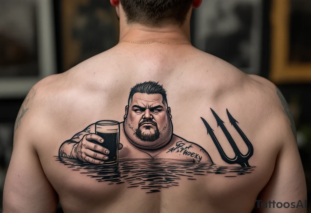 Gay fat guy, with no facial hairs, with trident, half way in calm water, with a beer tattoo idea