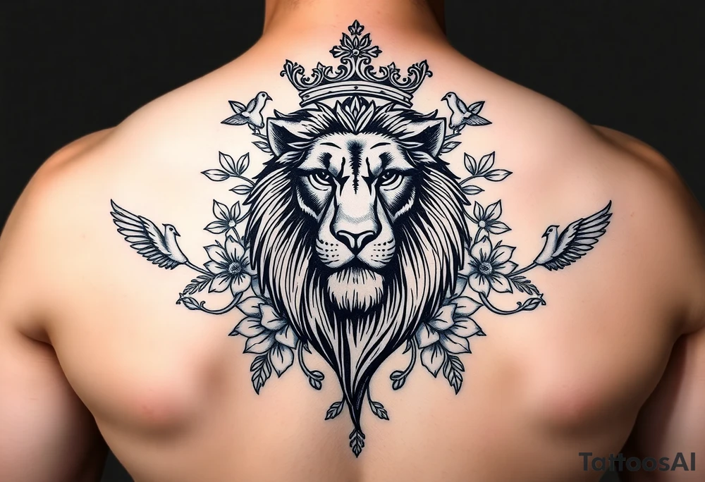 powerful majestic lion with a crown, surrounded by floral ornaments and birds tattoo idea