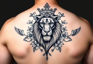 powerful majestic lion with a crown, surrounded by floral ornaments and birds tattoo idea