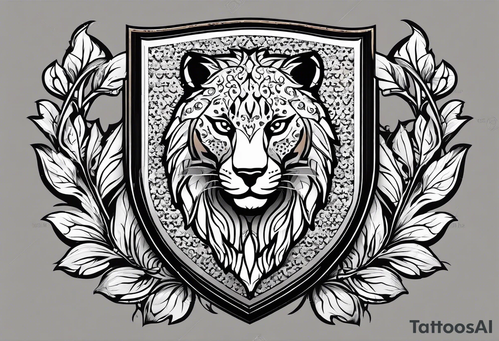 A shield with small leopar head as shield's emblem. The shield would be hang on a ivy planted wall tattoo idea