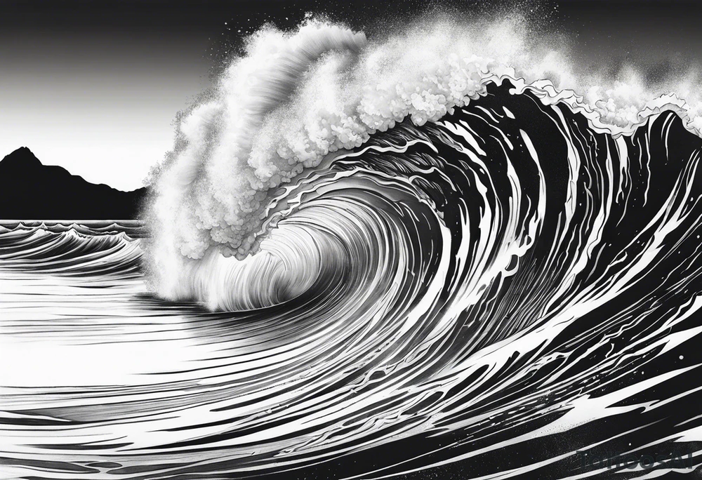 TIDAL WAVE ENGULFING A MOUNTAIN tattoo idea