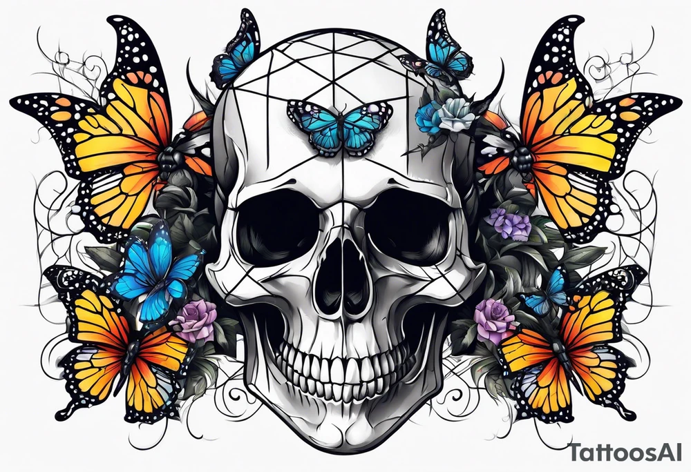 Skull tattoo with large scorpions and butterflies tattoo idea
