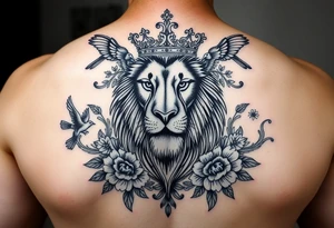 powerful majestic lion with a crown, surrounded by floral ornaments and birds tattoo idea