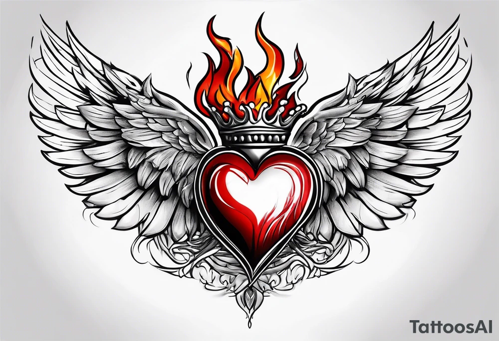 sacred heart with a real heart and flames coming out of the top and wings behind tattoo idea