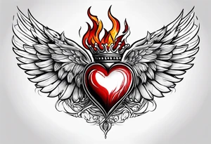 sacred heart with a real heart and flames coming out of the top and wings behind tattoo idea