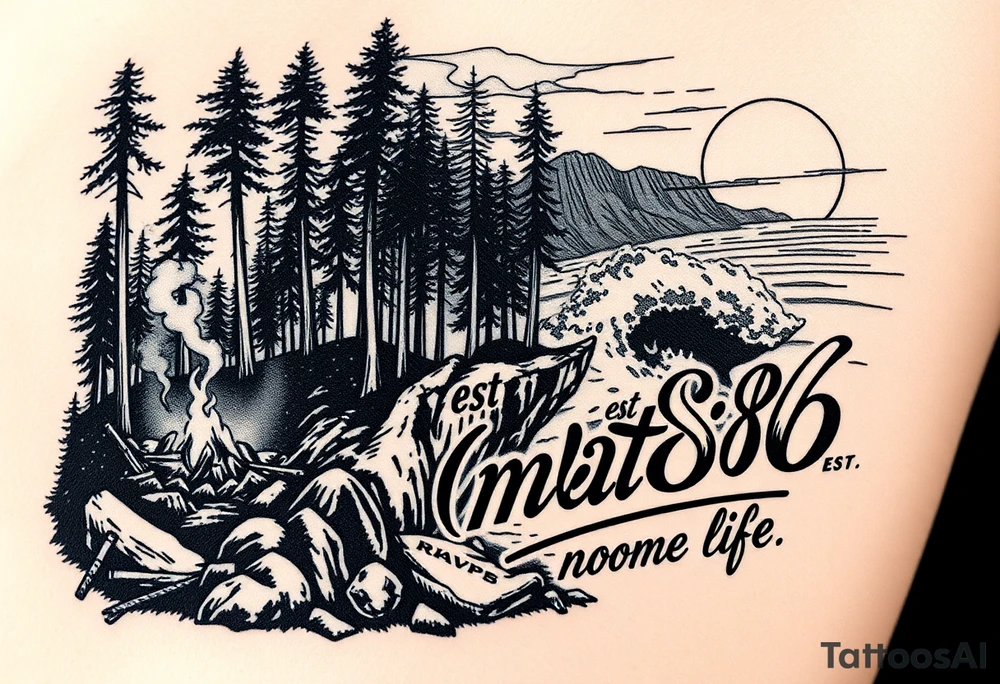 Collage of Redwood forest cliff huge trees campfire smoke and sunset meeting ocean  with huge waves crashing on the rocky shoreline and a night ski with the words "est.1986 nomad life" in graffiti like old English custom letters tattoo idea