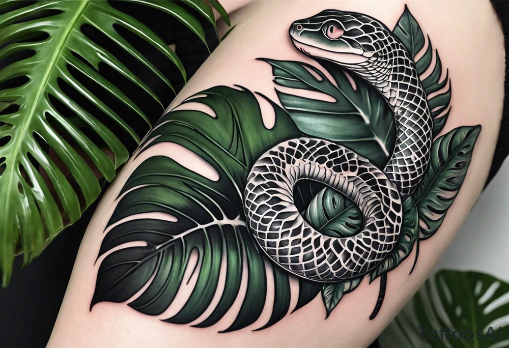 I want a monochrome tattoo in black gradients featuring a snake subtly hidden among the leaves of Raphidophora and Monstera. The snake should be coiled and partially visible, blending harmoniously with the detailed, large leaves of the plants. The Monstera leaves should have natural holes, while the Raphidophora leaves should be long and pointed. The overall style of the tattoo should be realistic, with shading and black gradients to create an elegant and mysterious effect." tattoo idea