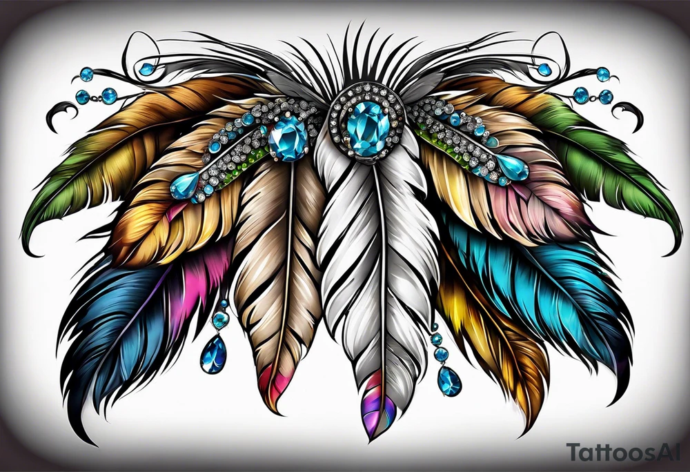 feather with jewels tattoo idea
