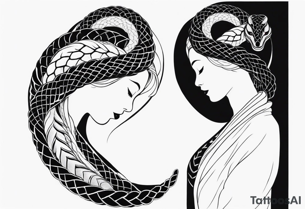 Double head snake tattoo for placement along the spine in japanese style to symbolise a journey of healing and transformation with reference to being a twin tattoo idea