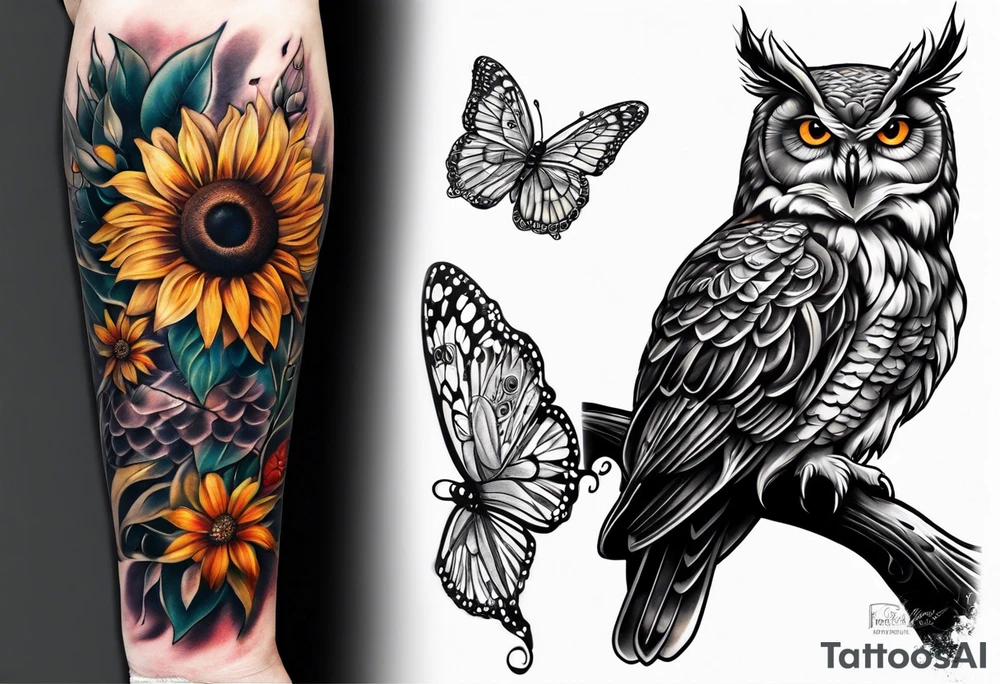 Sleeve with an owl, sunflower and butterfly tattoo idea