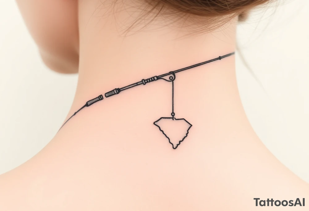 Old fishing rod with something showcasing South Carolina state dangling from the line tattoo idea