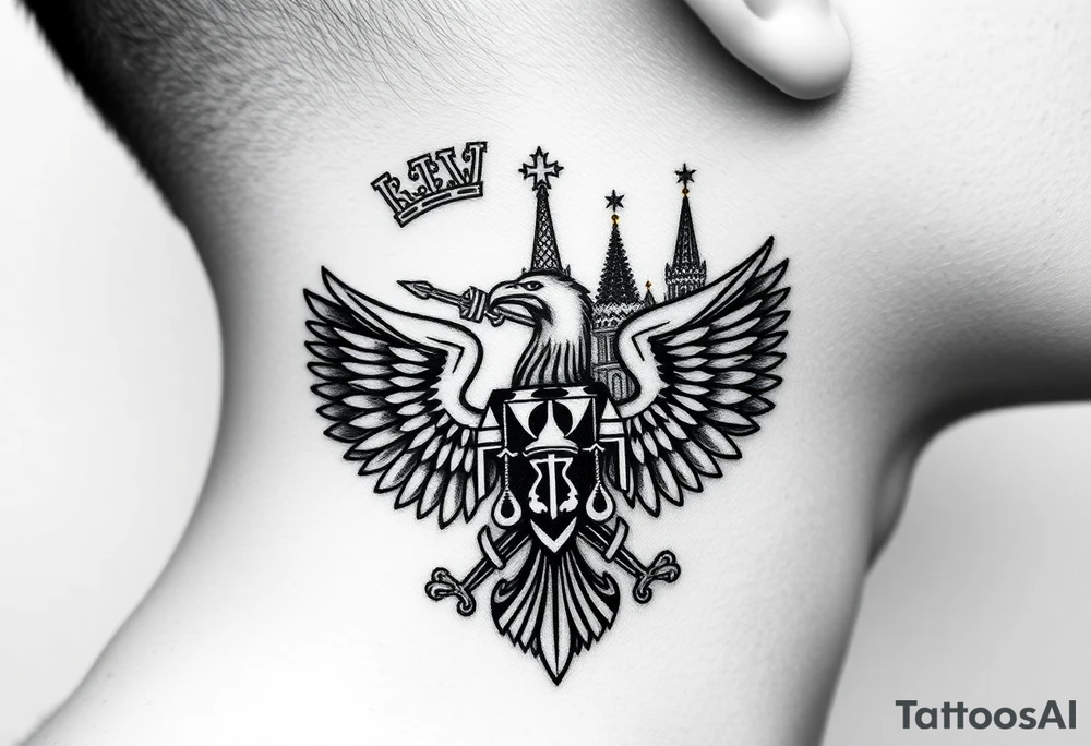 St. George, 3 russian imperial crowns above the Russian coat of arms double eagle and above sitting in its wingspan have a Russian sabre, Kremlin or St. Basil's Cathedral scene  on the side of my neck tattoo idea