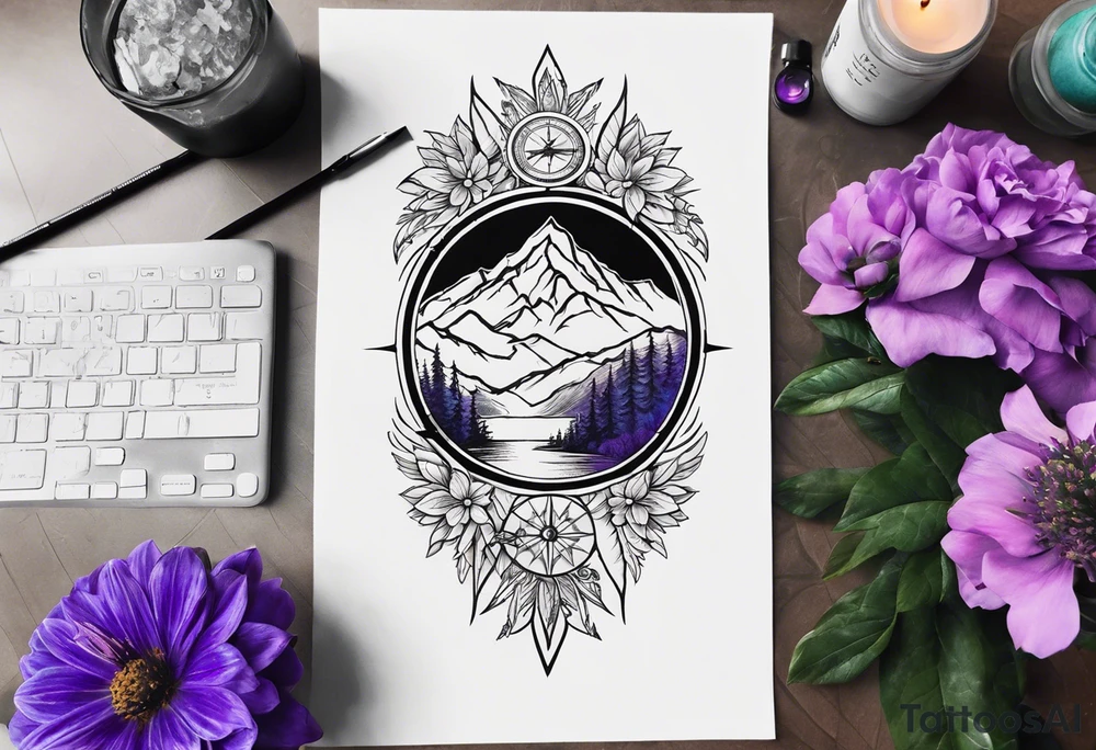 half sleeve tattoo on my shoulder. It features a mountain range, with a compass rose rising up from behind the mountain like a sunrise. In front of the mountains, there are purple and teal flowers. tattoo idea