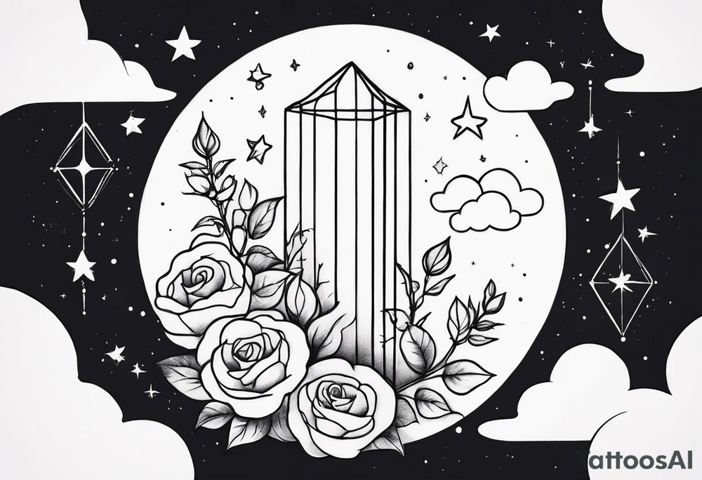 Vertical Clouds with tesseract inside and small roses and stars around it tattoo idea