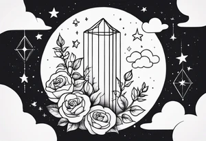 Vertical Clouds with tesseract inside and small roses and stars around it tattoo idea