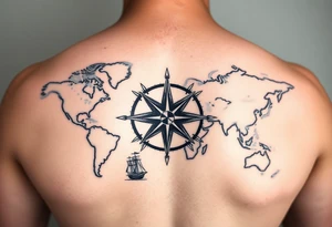 antique compass rose overlaid on weathered world map with sailing ships tattoo idea