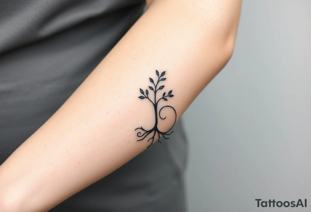 A tree with few leaves, with an outward spiral line (moving to the right), as its roots, encircling the entire tree tattoo idea