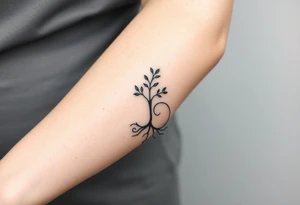 A tree with few leaves, with an outward spiral line (moving to the right), as its roots, encircling the entire tree tattoo idea