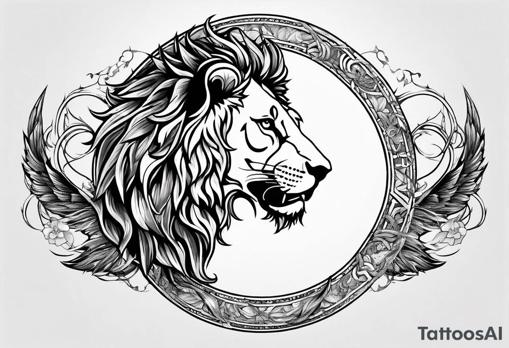 Ouroboros with in center a lion with burned wings tattoo idea