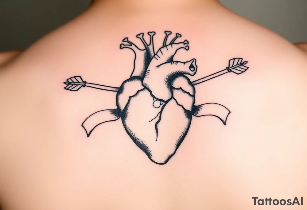 anatomical heart pierced by ornate arrow with flowing ribbons tattoo idea