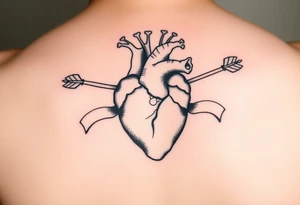 anatomical heart pierced by ornate arrow with flowing ribbons tattoo idea