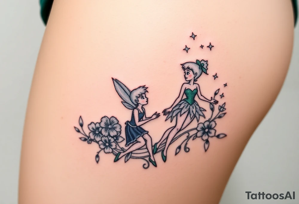 Peter pan, Tinker Bell and Wendy Darlin with flowers and stars tattoo idea