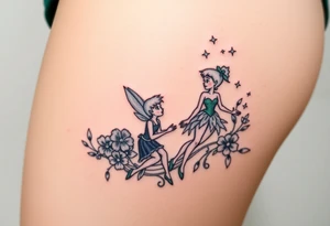 Peter pan, Tinker Bell and Wendy Darlin with flowers and stars tattoo idea