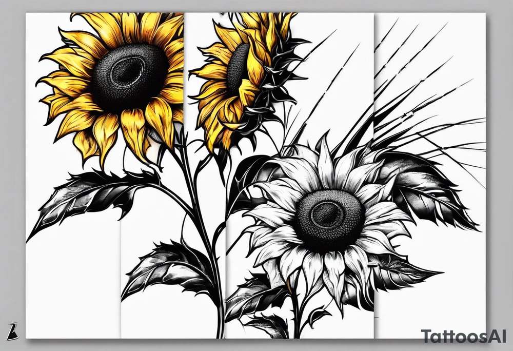 Sunflower, wheat, and barbed wire half sleeve tattoo idea Sunflower, wheat, and barbed wire half sleeve tattoo idea
