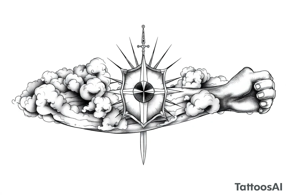 clouds, shield, sword, sun ray tattoo idea