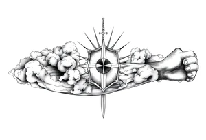 clouds, shield, sword, sun ray tattoo idea