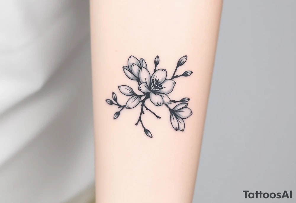 Long branch with magnolia flowers, in different blossom stages with botanical details, lines and dots tattoo idea