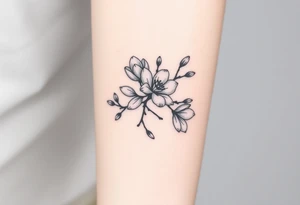 Long branch with magnolia flowers, in different blossom stages with botanical details, lines and dots tattoo idea