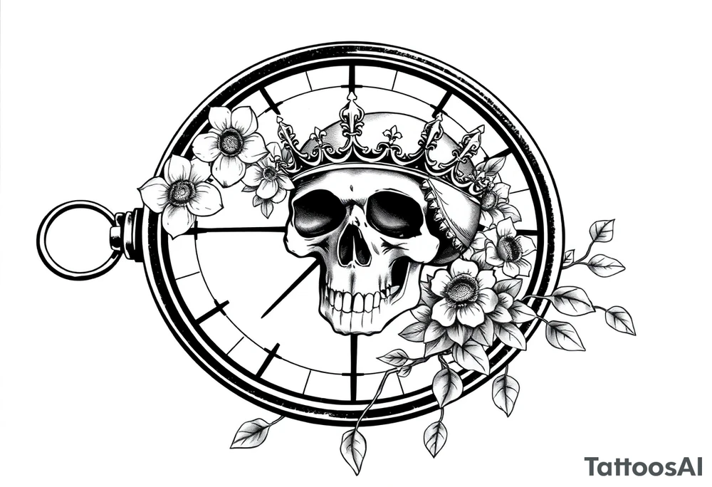 Compass with detailed beautiful gothic boho flowers on vine and skull with gorgeous crown tattoo idea