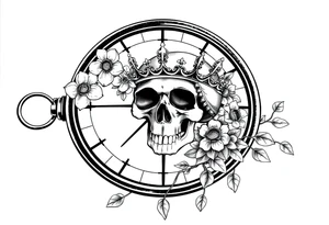 Compass with detailed beautiful gothic boho flowers on vine and skull with gorgeous crown tattoo idea